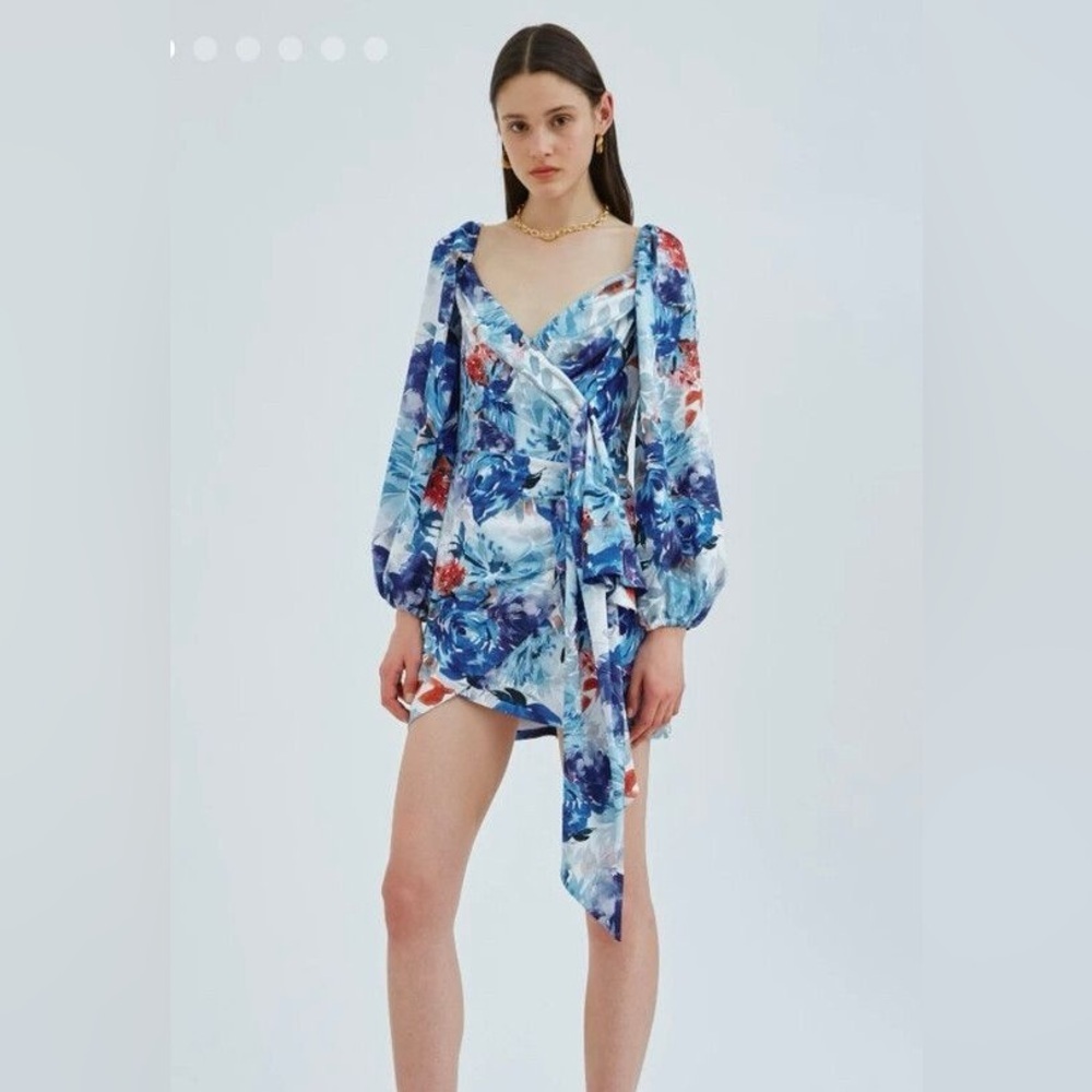 NEW C/MEO Collective Orbital Small Long Sleeve Wrap Dress Tropical Blue White
